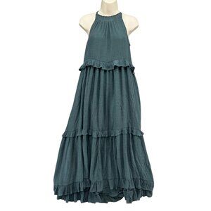 Listicle Tiered Halter Maxi Dress Sage Green Ruffle Boho Pleated Size S